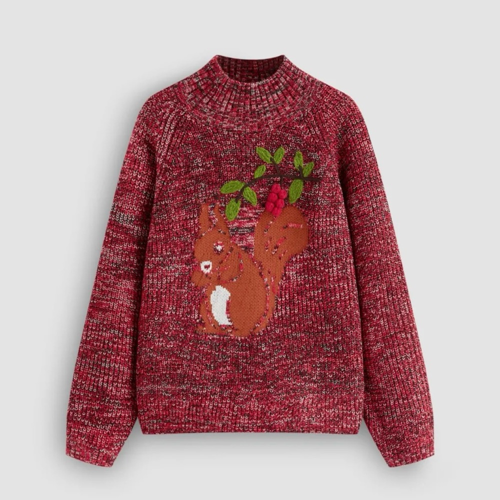 Red Knit Sweater with Squirrel Fall/Christmas